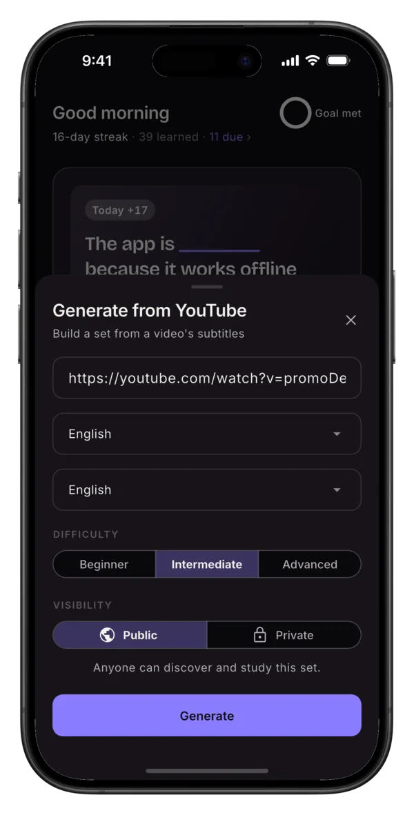 Lanma creating a word set from a YouTube link